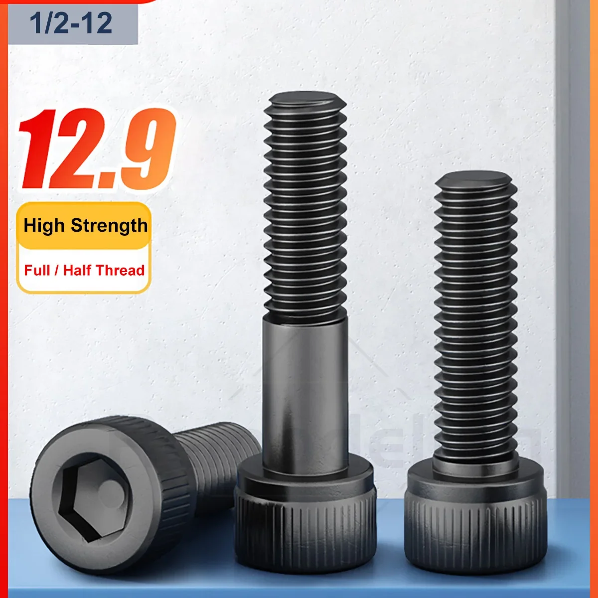 1Pcs 1/2-12 Black 12.9 Grade Hex Socket Screws Cup Head Allen Bolts Full / Half Thread  Length 3/4