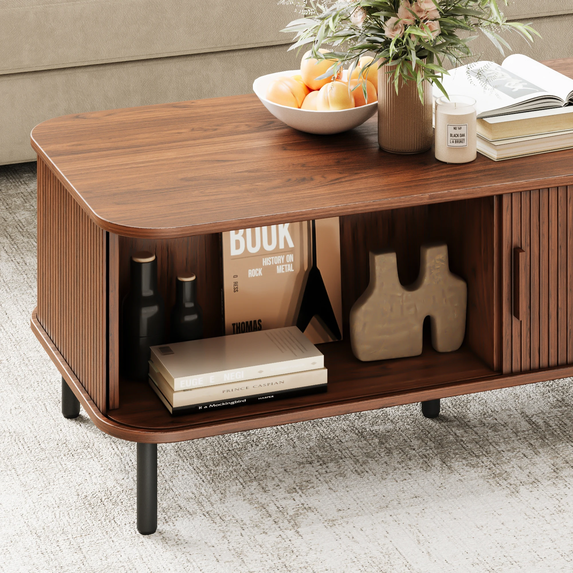 Coffee Table with Storage,47.2" Mid Century Coffee Table,Rectangle Center Table with Sliding Tambour Door & Adjustable Leg