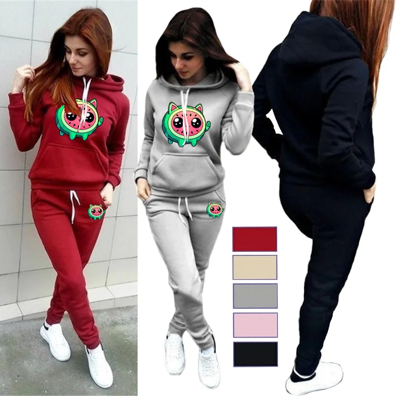 

Женская осенне-зимняя толстовка с капюшоном на бедрах, повседневная толстовка с принтом «Мультяшный арбуз» + комплект спортивных штанов, теплый уличный комплект из двух предметов