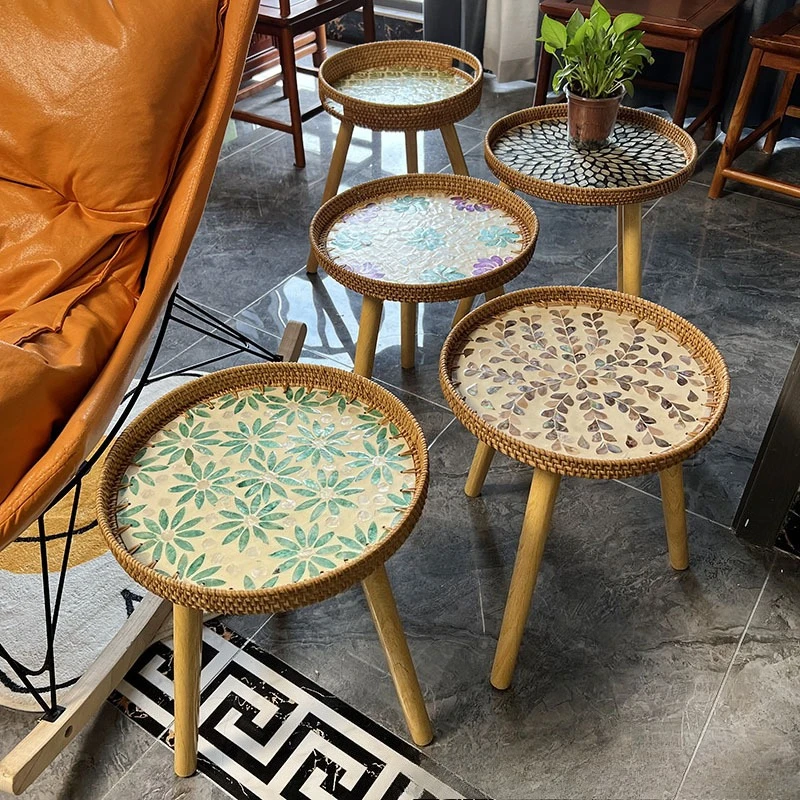 

Nordic Style Handmade Rattan Shells Small Coffee Table Bath Window Tray Japanese Tatami Round Table Home Decoration Supplies