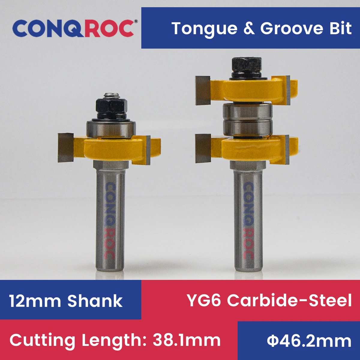 

Woodworking Tongue and Groove Router Bits Set 12mm Shank with Bearing Guide for Material-Thickness-38.1mm