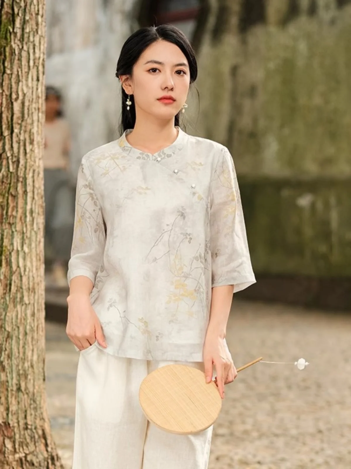 

New Chinese Zen Sle Loose Fit irt Women's Printed Flax Slanting Collar Summer 2025 Faion Traditional National Trend