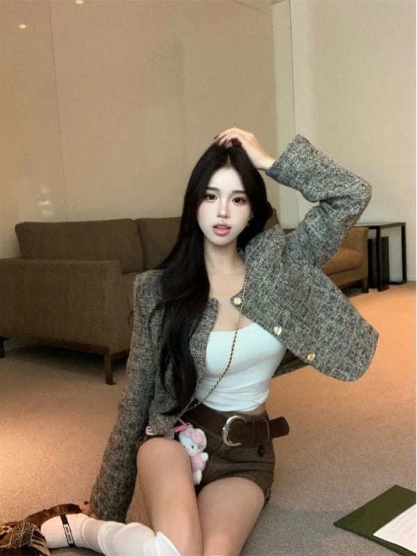 

Elegant Short Woolen Coat for Women Spring Autumn New Style Stripe Thickened Knitwear Open Cardigan Top Ladies Fashion