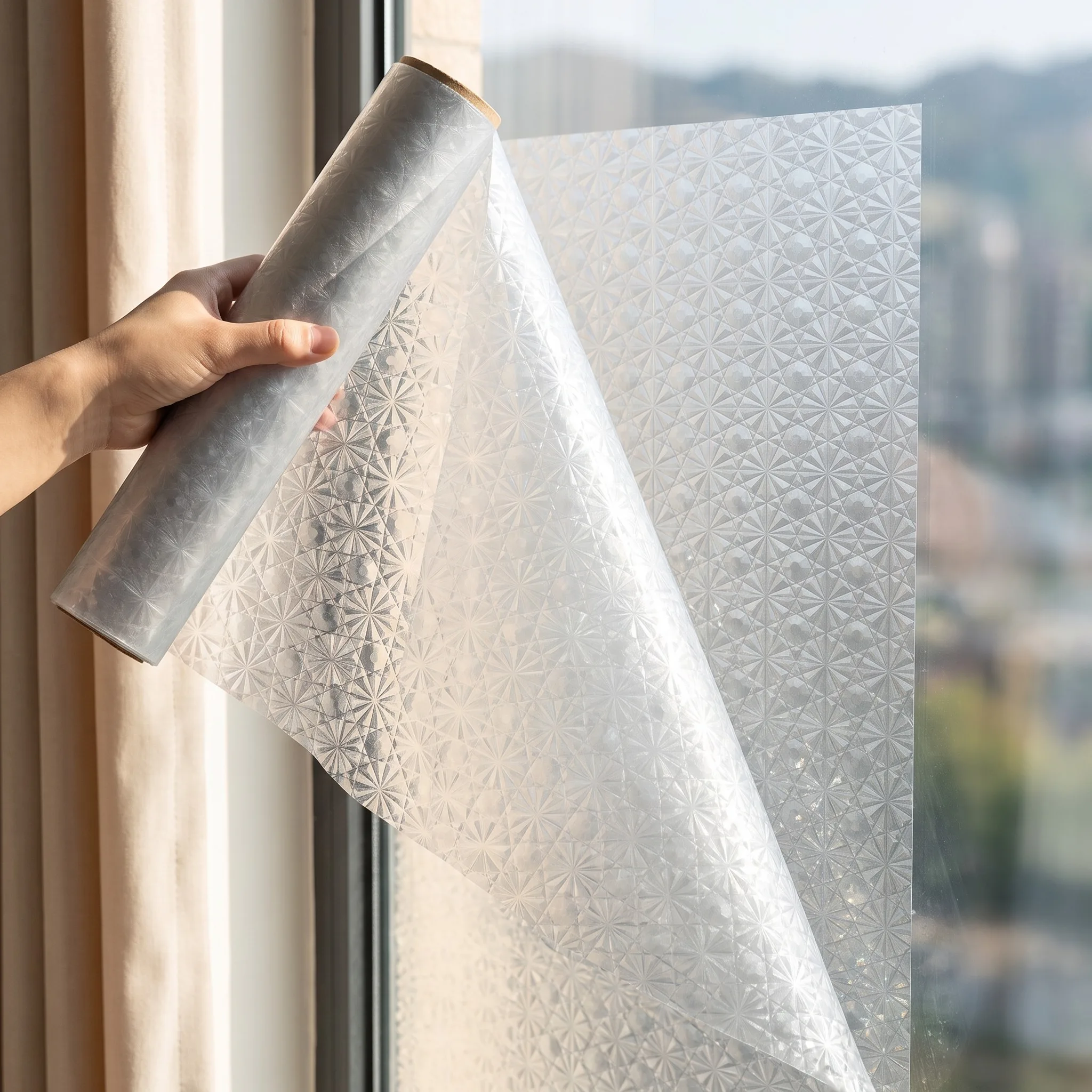 Privacy Film Starburst Geometric Static Cling Window Film No Glue Frosted Glass Film, Vintage Embossed Decor for Bathroom Office