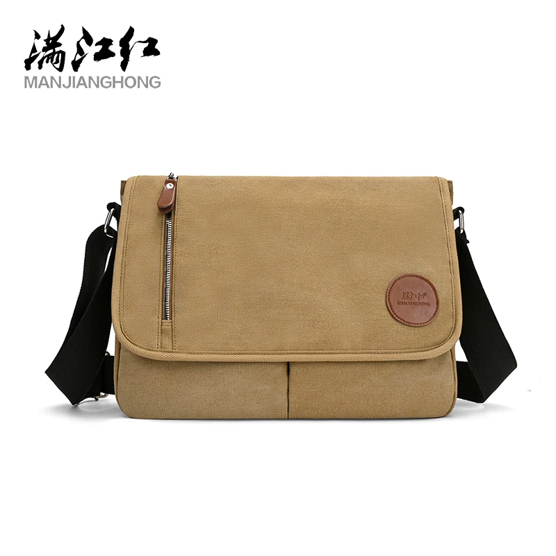 

MANJIANGHONG Retro Men Postman Bag Soft Washed Canvas Crossbody Bag Leather Patch Decor Adjustable Strap Daily Man Shoulder Bag
