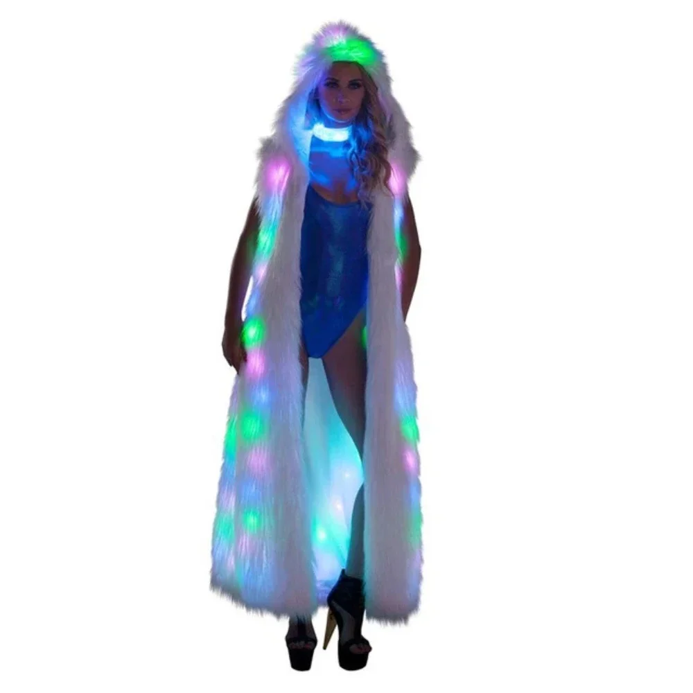 LED Faux Fur Women Men Coat Warm Lighting up Costume Jacket for Gogo Dance Party Stage Performance Holiday Nightclub Costume