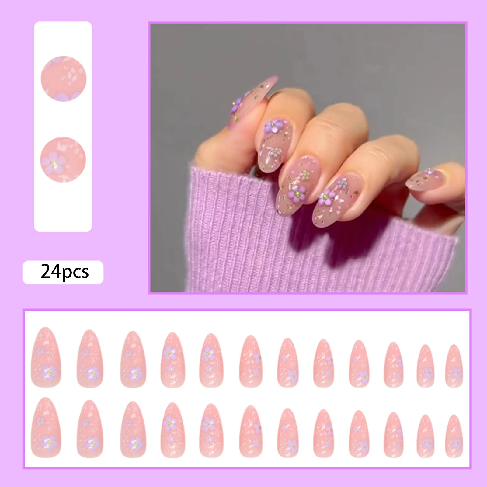 24 Stück Mandelförmige Mittellange Künstliche Nägel Glänzendes Goldfolien-Blumenmuster Aufklebbare Kunstnägel Tragbare Press-On Nägel