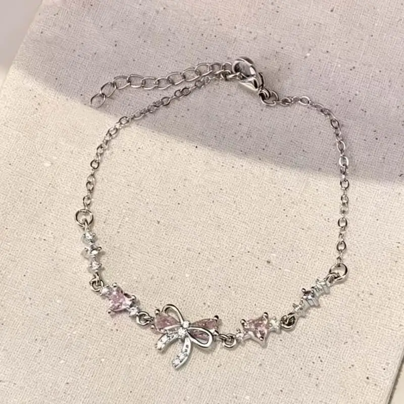 Shiny Zirconia Flower Bow Bracelet Pink Gold Plated 1Pcs Fashion Jewelry for Women Wedding Bridesmaid Accessory