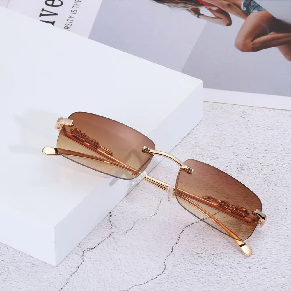 Fashion Rimless Rectangle Sunglasses for Women Men Retro Cheetah Decoration Clear Ocean Lens Sun Glasses Shades UV400 Eyewear