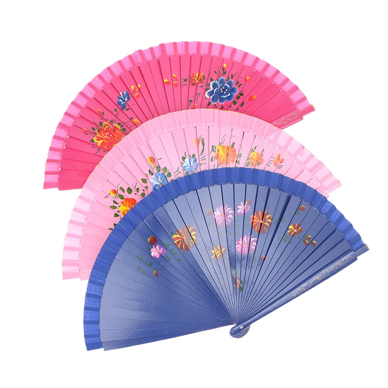 1PC Hot Beautiful ventaglio pieghevole in stile cinese Hollow Double sided Craft Gift Dancing Printing Wood Spanish Hand Fan Party Supplies