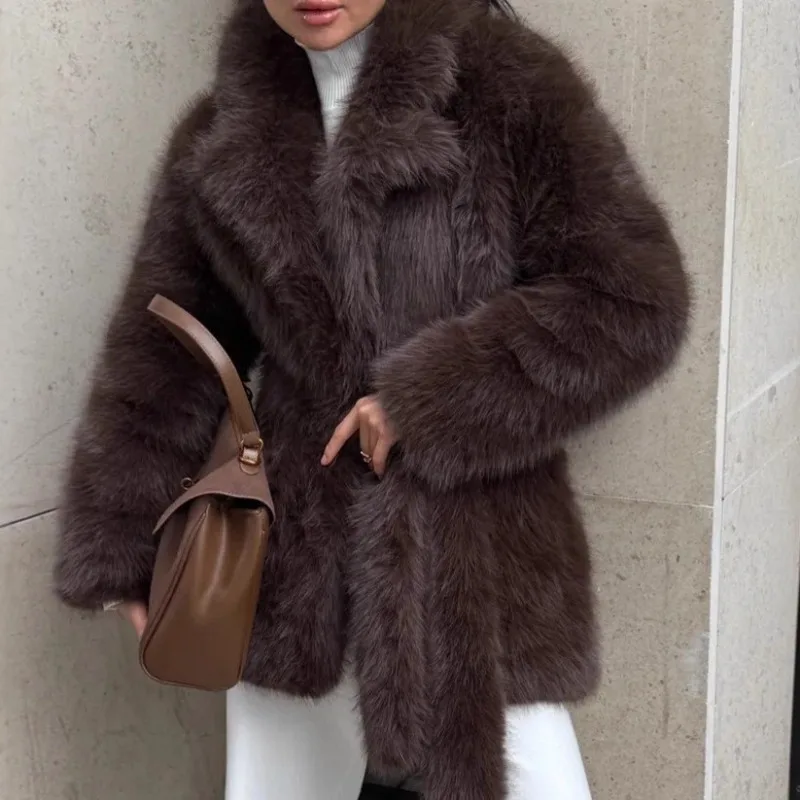 

2026 Winter Fox Fur Coat Women's Faux Fur Overcoat Thicken Warm Turndown Collar Fur Sashes Blazers Female Streetwear Outerwear