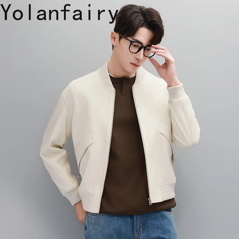 YOLANFAIRY Real Goatskin Leather Jacket for Man Autumn Winter Genuine Leather Coat Baseball Collar Motorcycle Leather Jackets