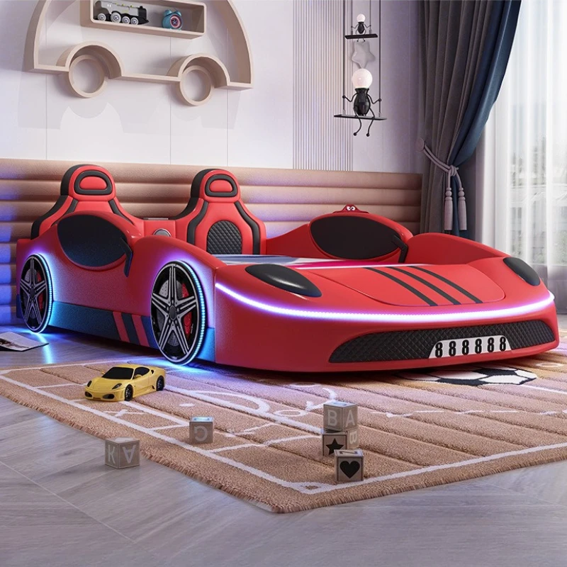 

Wooden Boys Children Bed With Guardrail Bedroom Student Sports Car Bed Cartoon Storage LED Bluetooth Speaker Kids Furniture