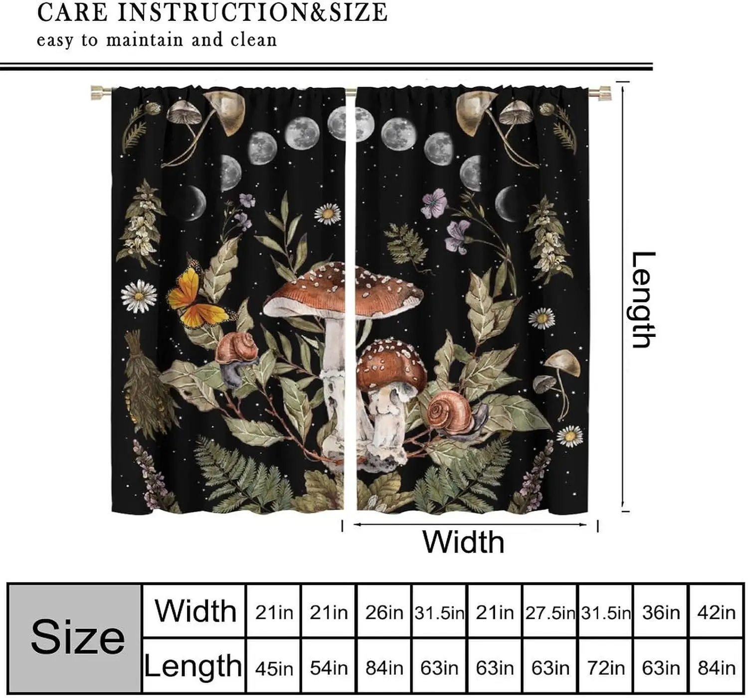 Moon Phase Mushroom Curtain 2 Panels, Fly Agaric Snail Butterfly Fern Floral Star Black Print, Drapes for Bedroom Witchy Curtain
