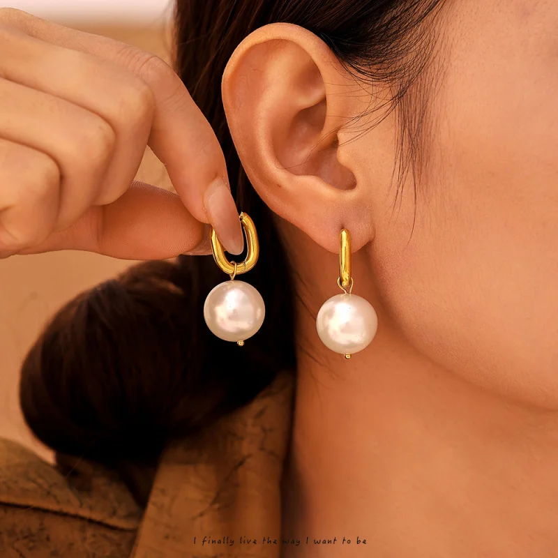 U Shaped Stainless Steel Earrings with Shell Pearl Plated 18K Gold Waterproof Non-Allergenic Color-Retaining Jewelry for Women