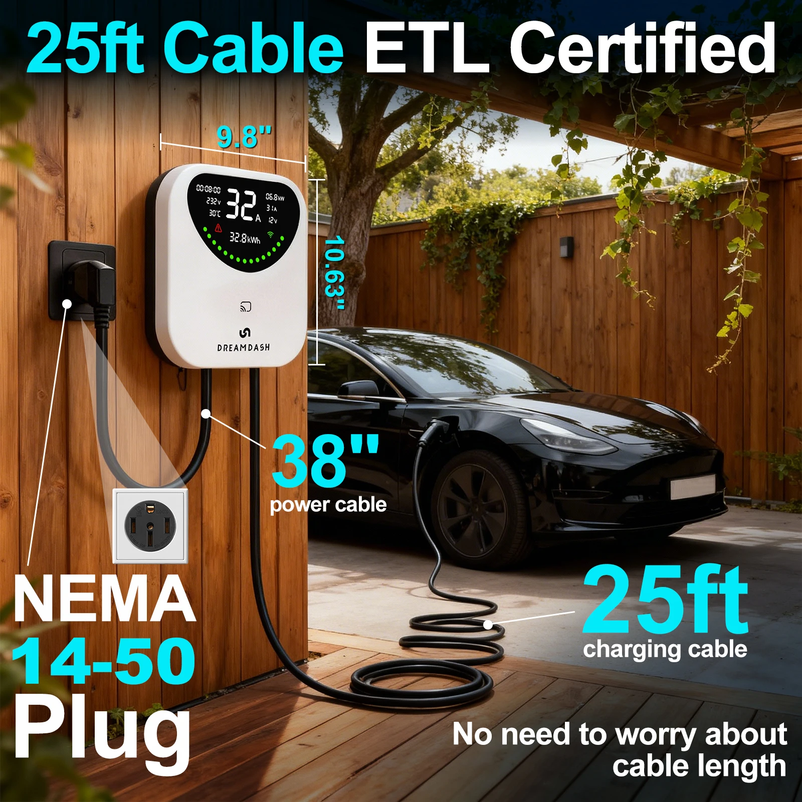 DREAMDASH 48A レベル2 EV充電器 11.5k - Outdoor Power Outlet Wifi のレビューと価格