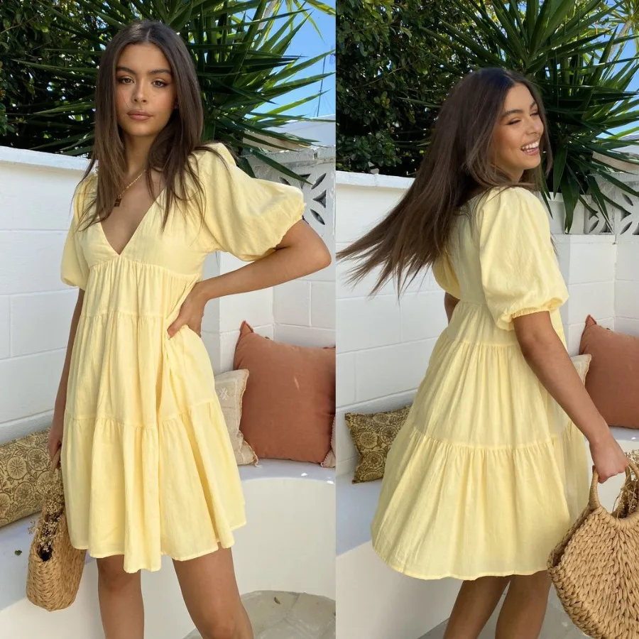 

【New style】European and American fashion - women's clothing spring and summer new pure color casual V-neck loose waist bubble s