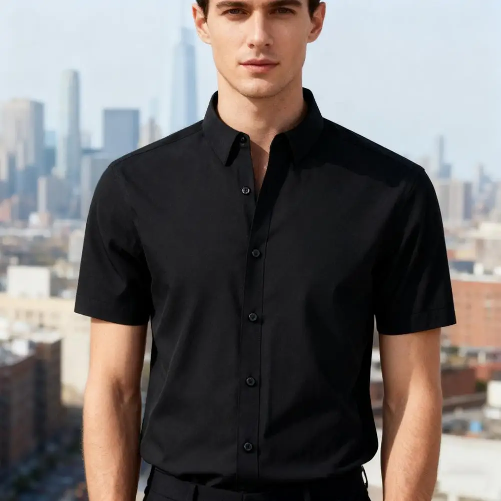 Men Stretchy Dress White Shirt Lapel Button-down Shirt Wrinkle-Free Short-sleeve Long Sleeve Business Shirt For Work Dating