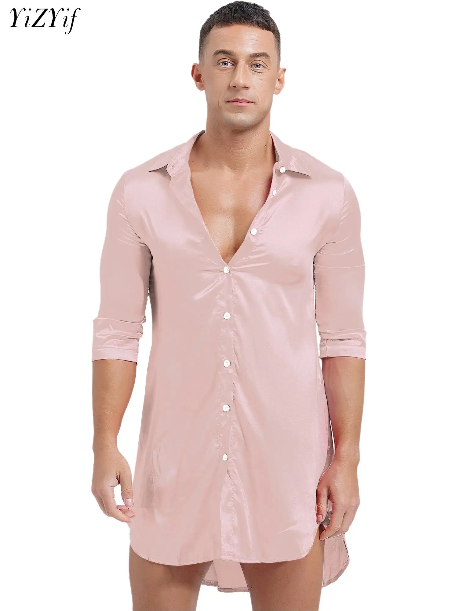 Camisa de cetim de seda sissy para homens, cor sólida, vestes longas, roupão, quimono, camisola, pijama, roupa de dormir