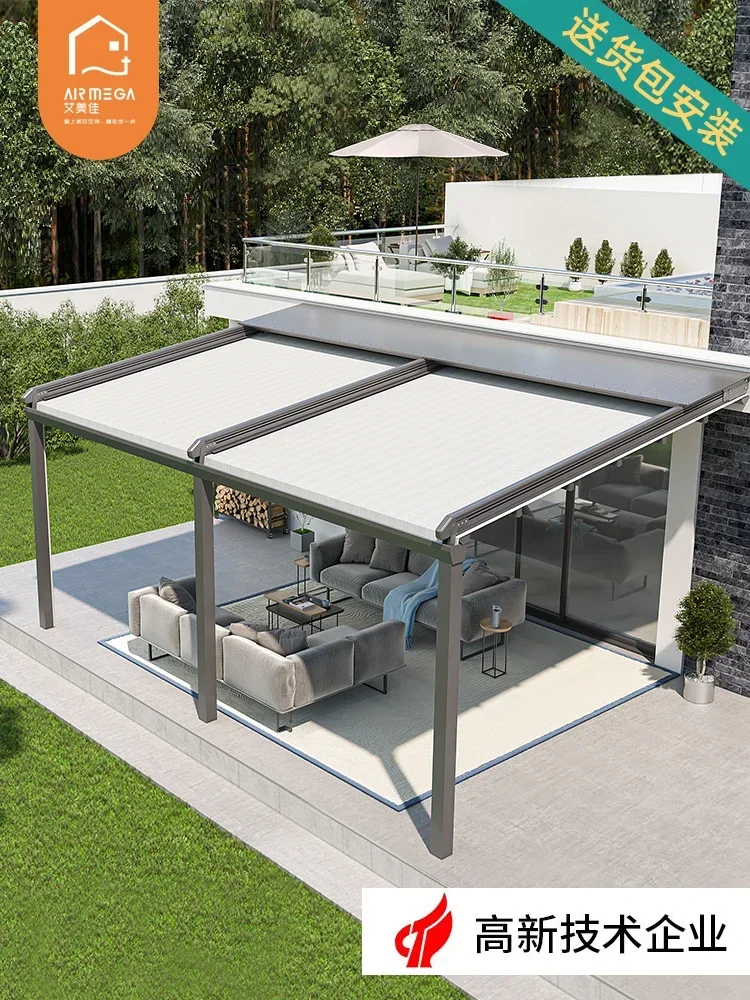 Outdoor sun room awning Electric retractable glass room insulation awning double track folding awning