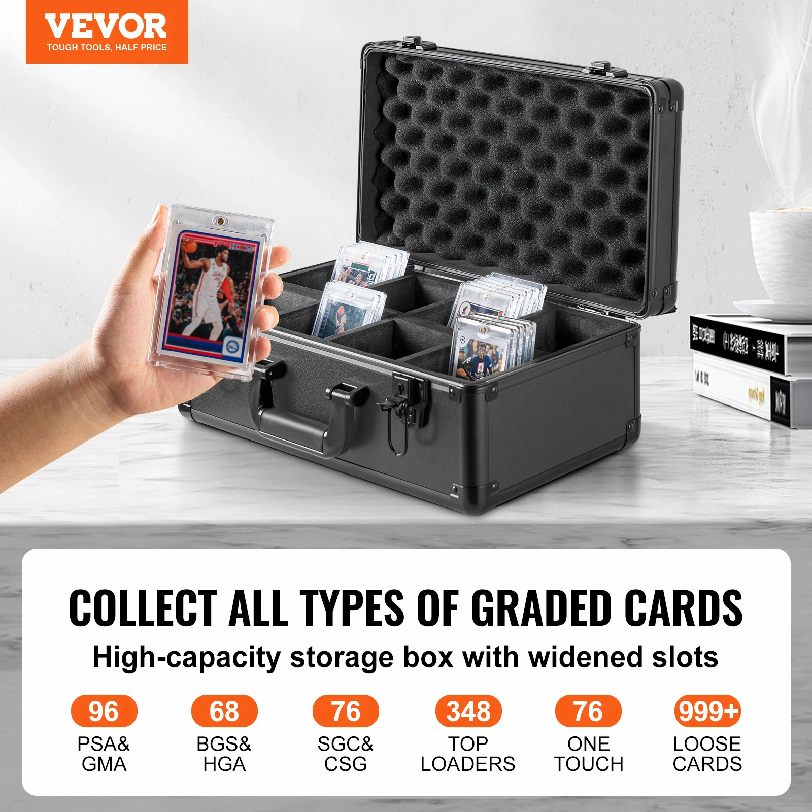 VEVOR Graded Card Storage Box 4 Slots or 5 Slots with Key Lock or Coded Lock Foam Dividers for 96/108/120/162 PSA Graded Cards