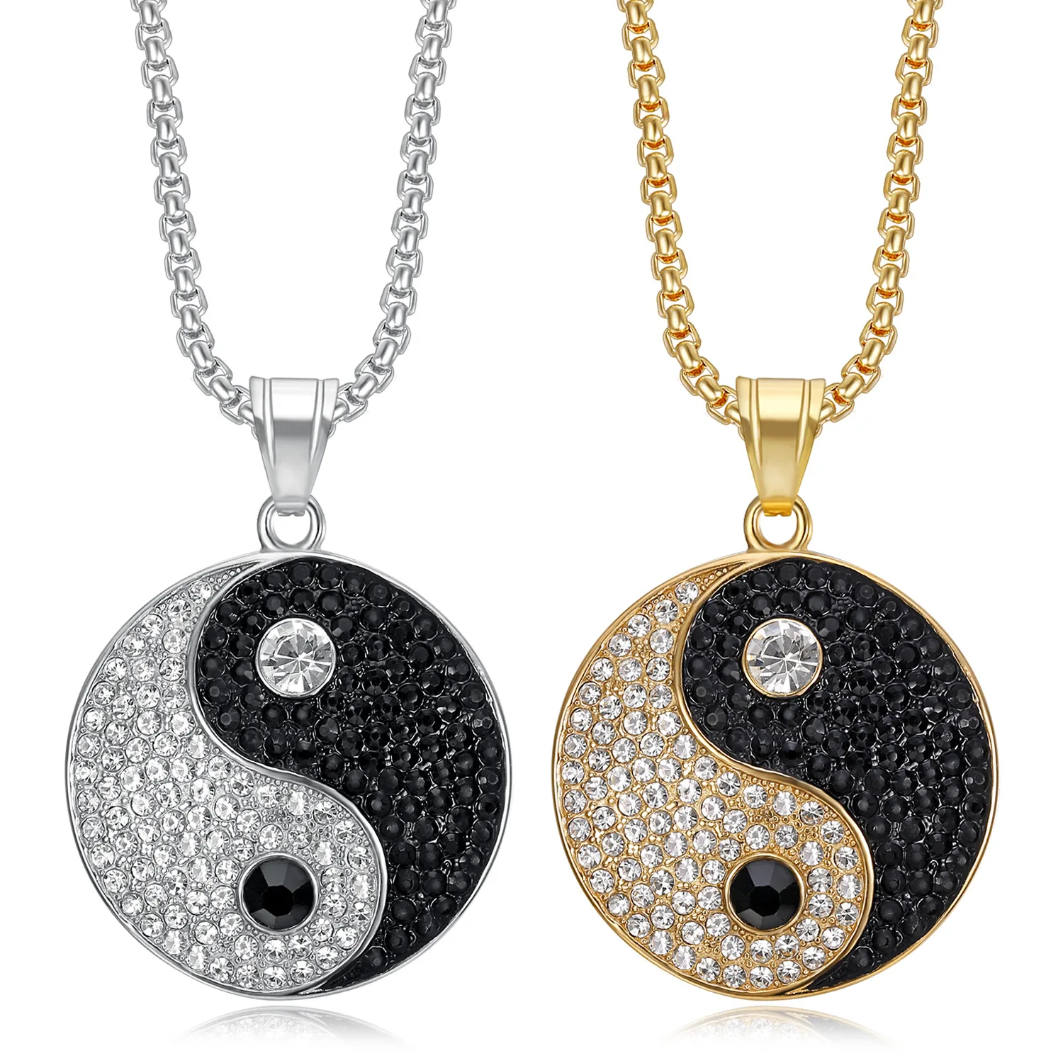 

Unisex HipHop Rhinestone Jewelry Stainless Steel Gold Plated YinYang Bagua Pendant Necklace for Gift