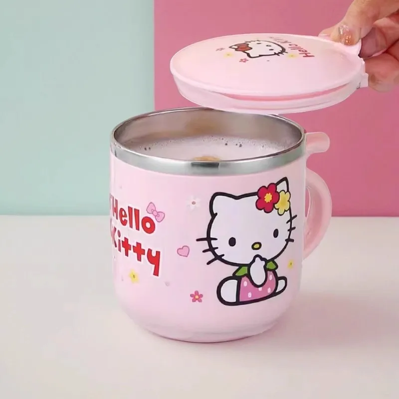 

Sanrio Hello Kitty 304, чашка из нержавеющей стали, милый мультяшный котенок, кошка, чашки с ручкой, бытовая чашка с крышкой, чашки для детского сада