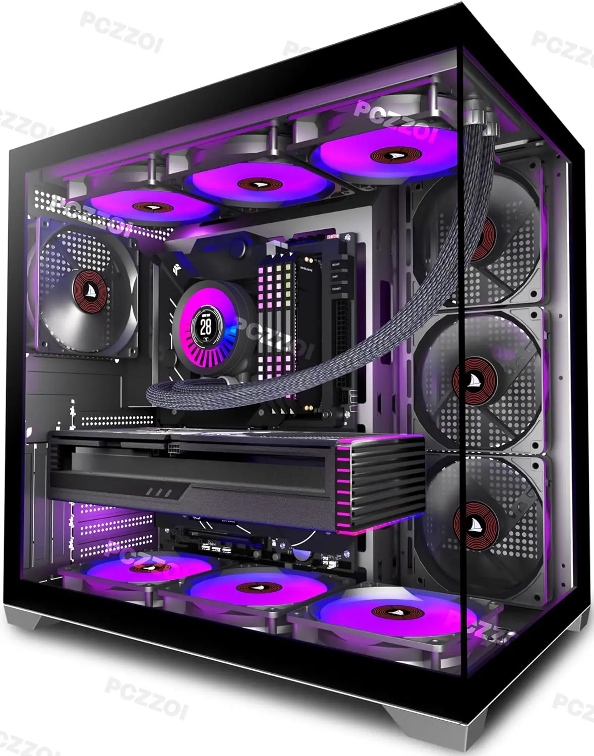 ATX Mid Tower Gaming PC Case with 4 Pre-Installed Fans, Full-View Dual Tempered Glass, Type-C Port, Black