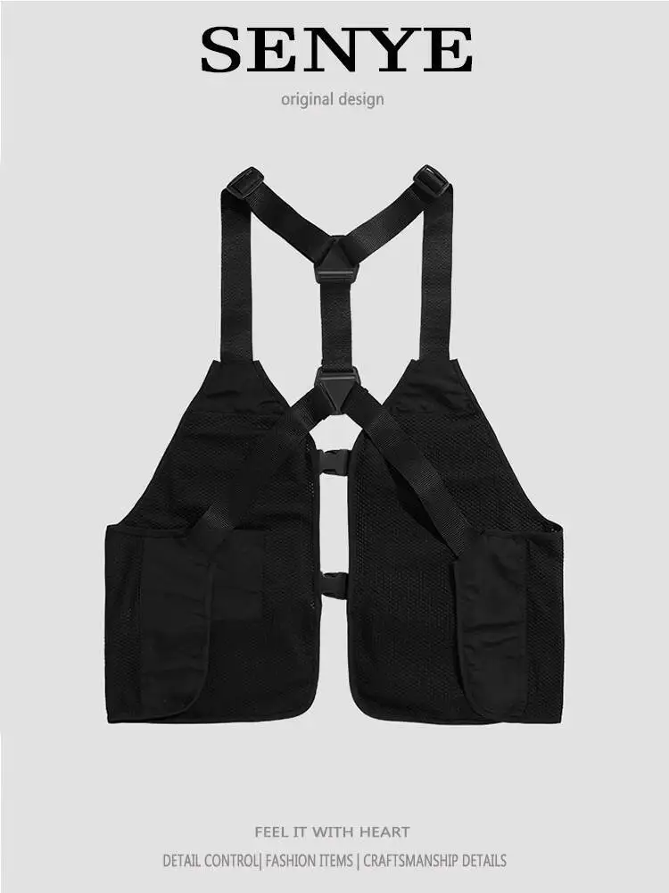 Men's Niche Cargo Webbing Buckle Vest Multi Pocket Collarless Tactical Functional Style Dark Fashion Sleeveless Gilet