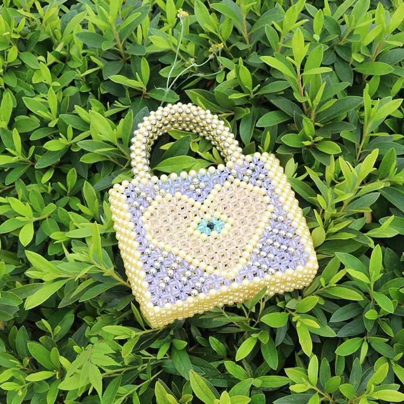 Fashion Heart Pearl Bag Beaded Bags for Women 2022 Floral Mini Handbags Light Blue Peach Handmade Women Bags Designer Beaded Bag