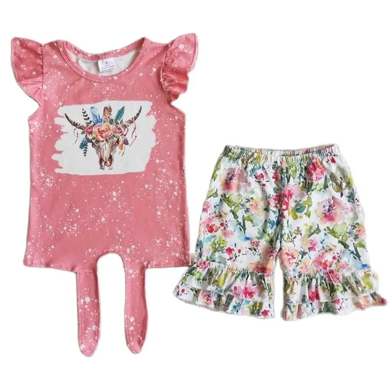 Supplier RTS Flowers Bull Head Pattern Strap Pink Flying Sleeve Short Sleeve Print Multilayer Shorts Children's Suit