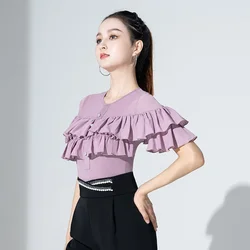 Mesh Patchwork Latin Dance Practice Suit Ballroom Belly Costume Middle Sleeves Top Women's Dance Suit Top Evening Dresses Shirt