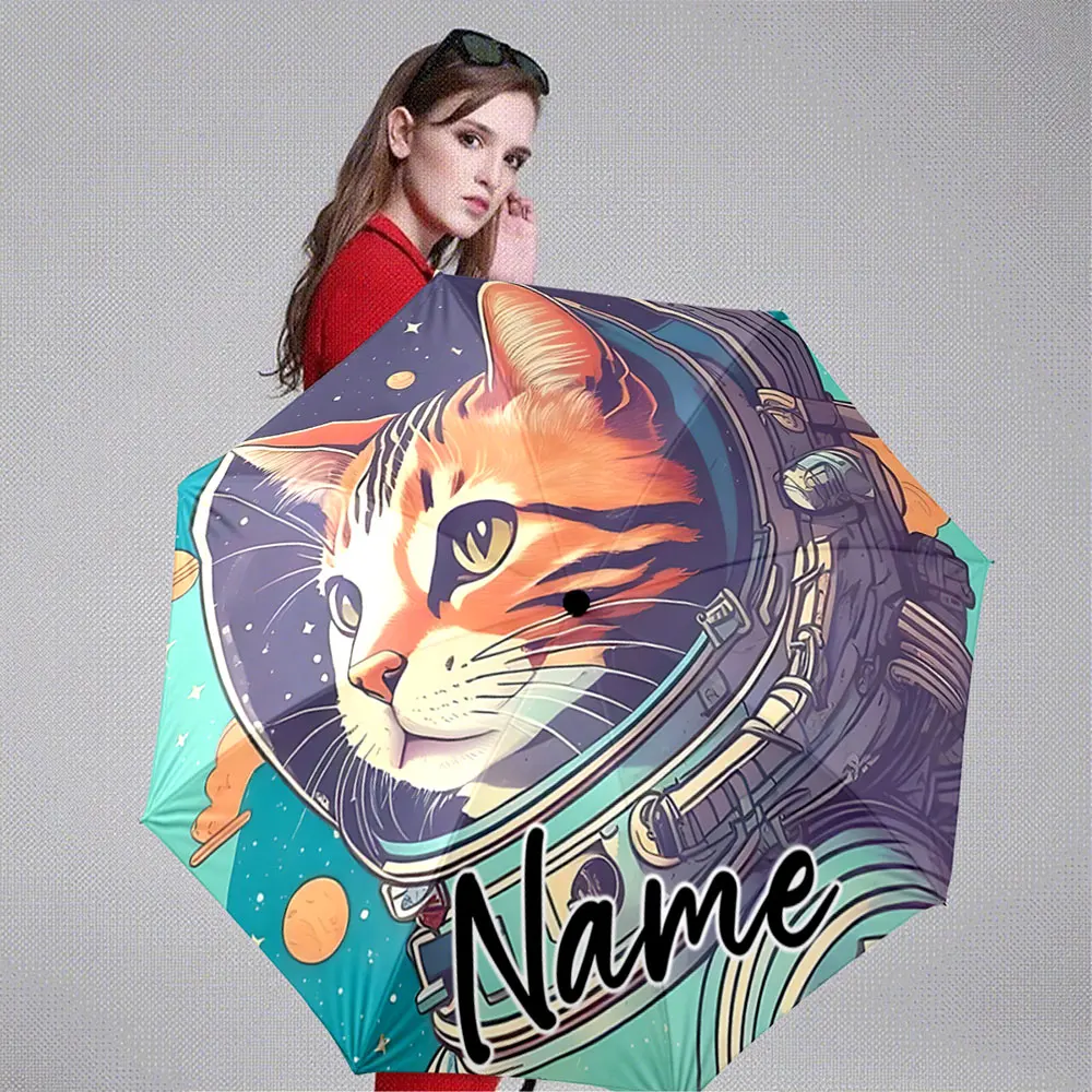 Custom Name Umbrella Astronaut Cat in Space with Planets and Stars 8 Iron Ribs Folding Umbrella Auto-Open Fashion Sunshade