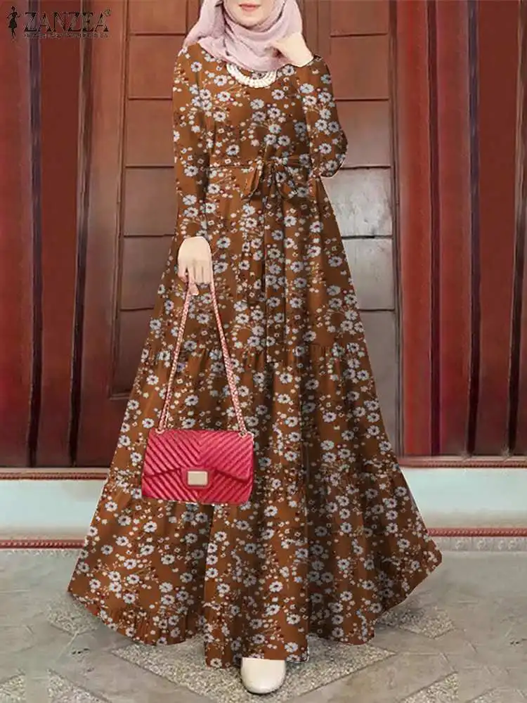 Vintage Muslim Dress ZANZEA Elegant Abaya Spring Floral Printed Vestidos Robe Femme Long Sleeve O-Neck Maxi Sundress Oversize