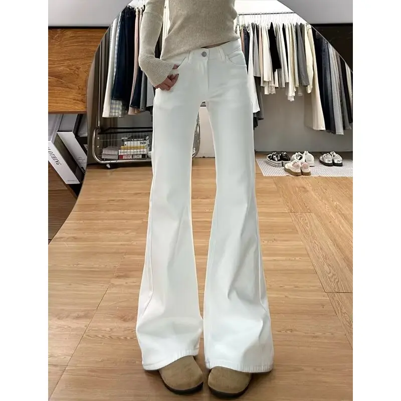 Women's Clothing Jeans2026 Autumn New Solid Color White Micro-pull Jeans Girls Versatile Trendy Thin Floor Flared Pants