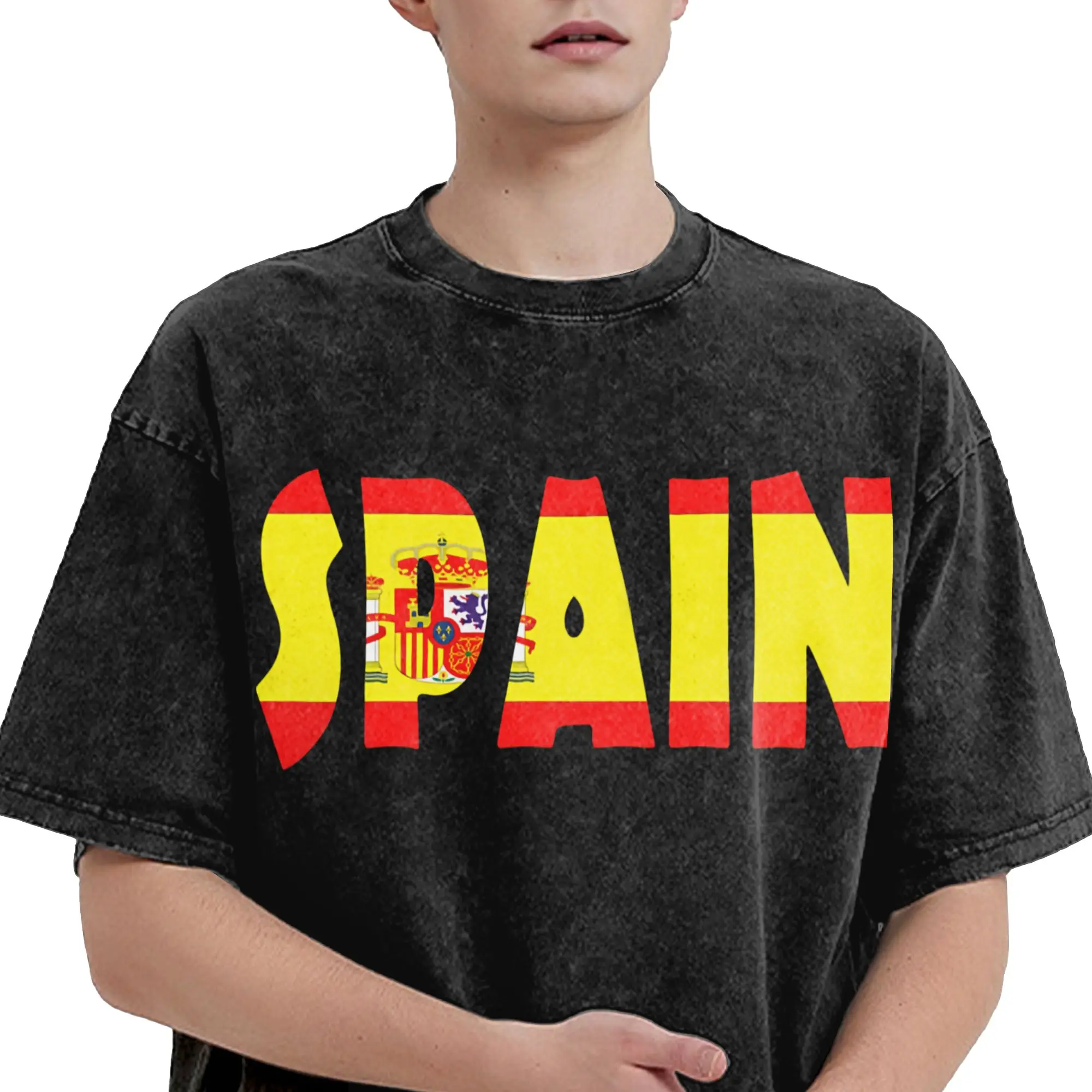 Fashion Spain Vintage Washed Tshirts Men Cotton Short Sleeve Make Spain Great Again Round Neck Summer Clothing
