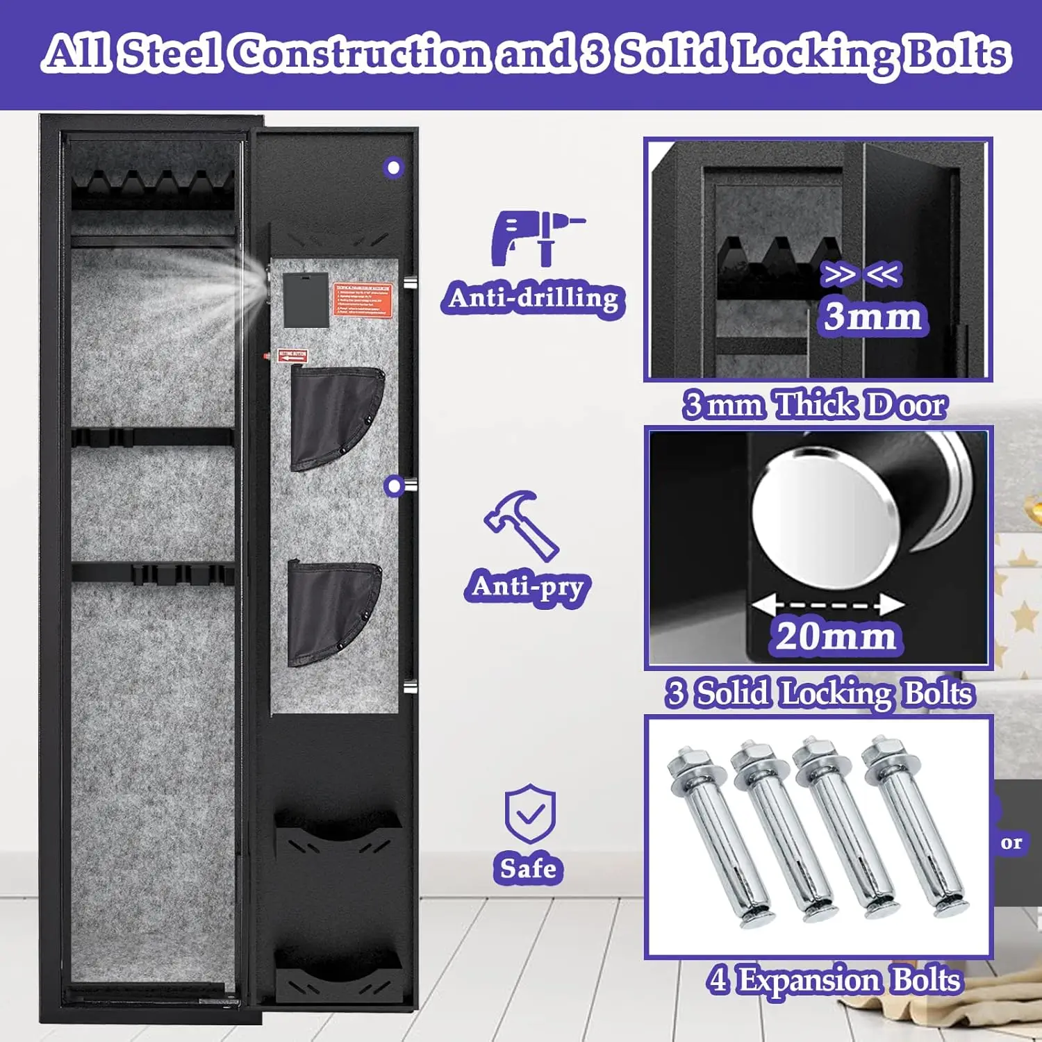 3-5 Gun Safes for Home Rifle and Pistols, Quick Access Safes for Shotguns, cabinets with Adjustable Rack, Pockets and Removable