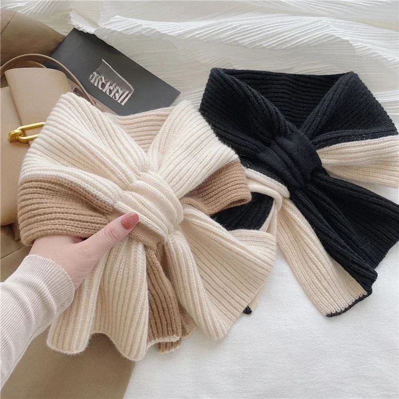 Korean Style Knitted Scarf for Women Girls Autumn Winter Soft Cross Patchwork Colors Scarves Lady Warm Neck Protection New