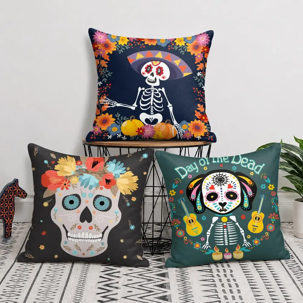 Mexico Easter Flower Skeleton Cushion Cover Soft Short Plush Pillow Cover Smooth Cozy Texture Cushion Case Home Decor