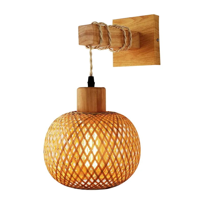 

Retro Wall Light Woven Rattan Wood Sconces Living Room Bedside Lamp Vintage Bedroom Decoration Lighting-A