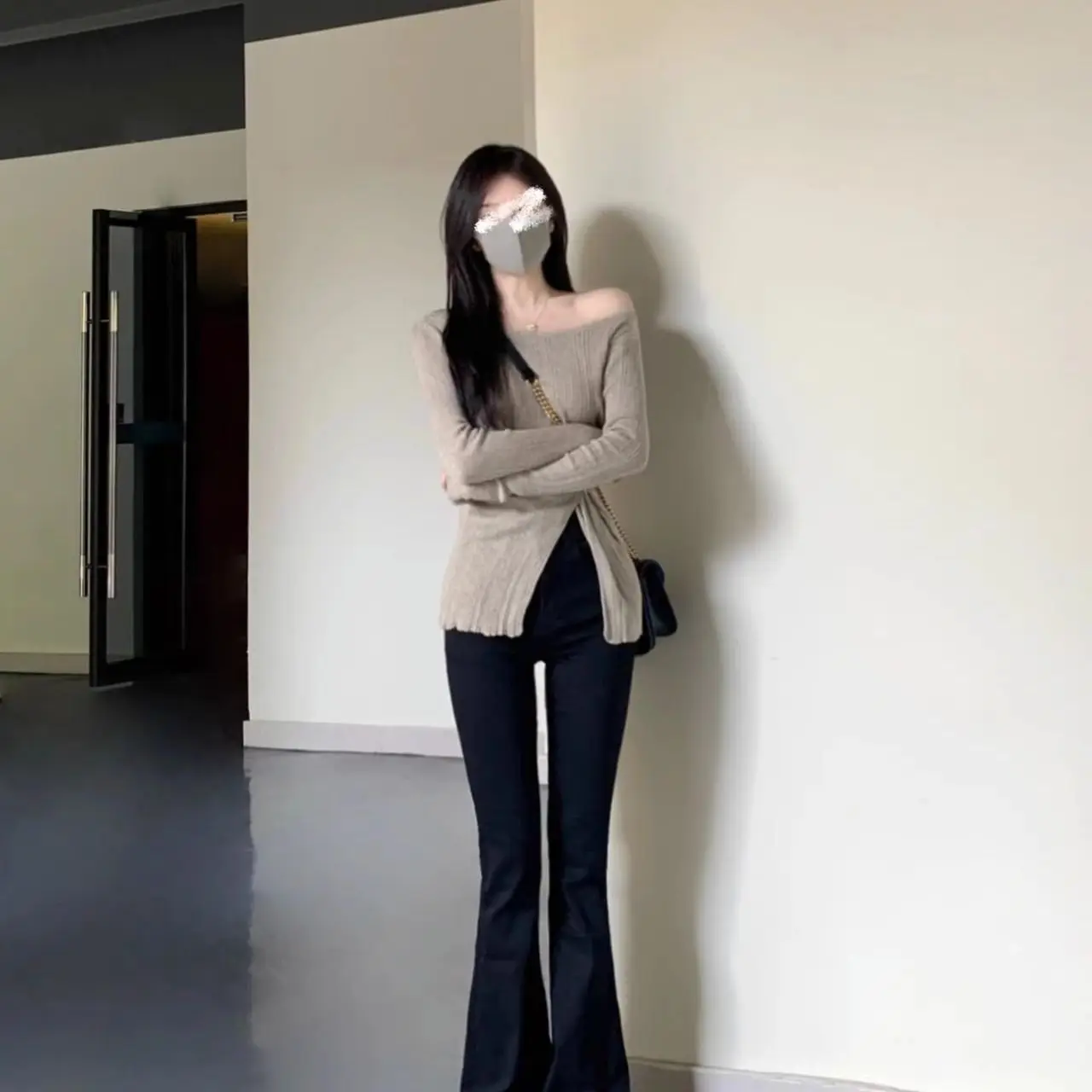 Sexy Knitted Sweater One-oulder Waist-Cinching Split Pure Desire Sle Warmth Long Sve V-Ne Daily Wear for Young Women