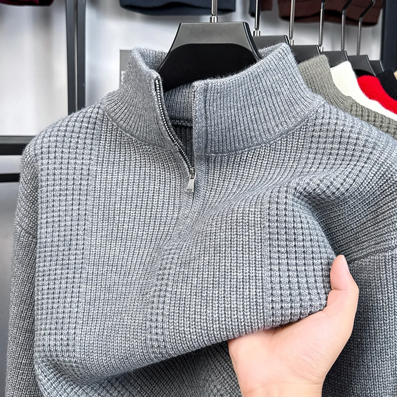 

Высокое качество классический простой чистый цвет мужской свитер модный молния высокий воротник новый роскошный толстый теплый и удобный трикотажный джемпер