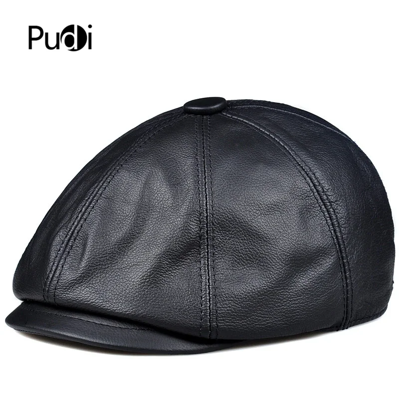 Pudi Man Real Cow Leather Cap Hat 2019 Winter Cabbie Newsboy Caps Golf Hunting Hats HL914