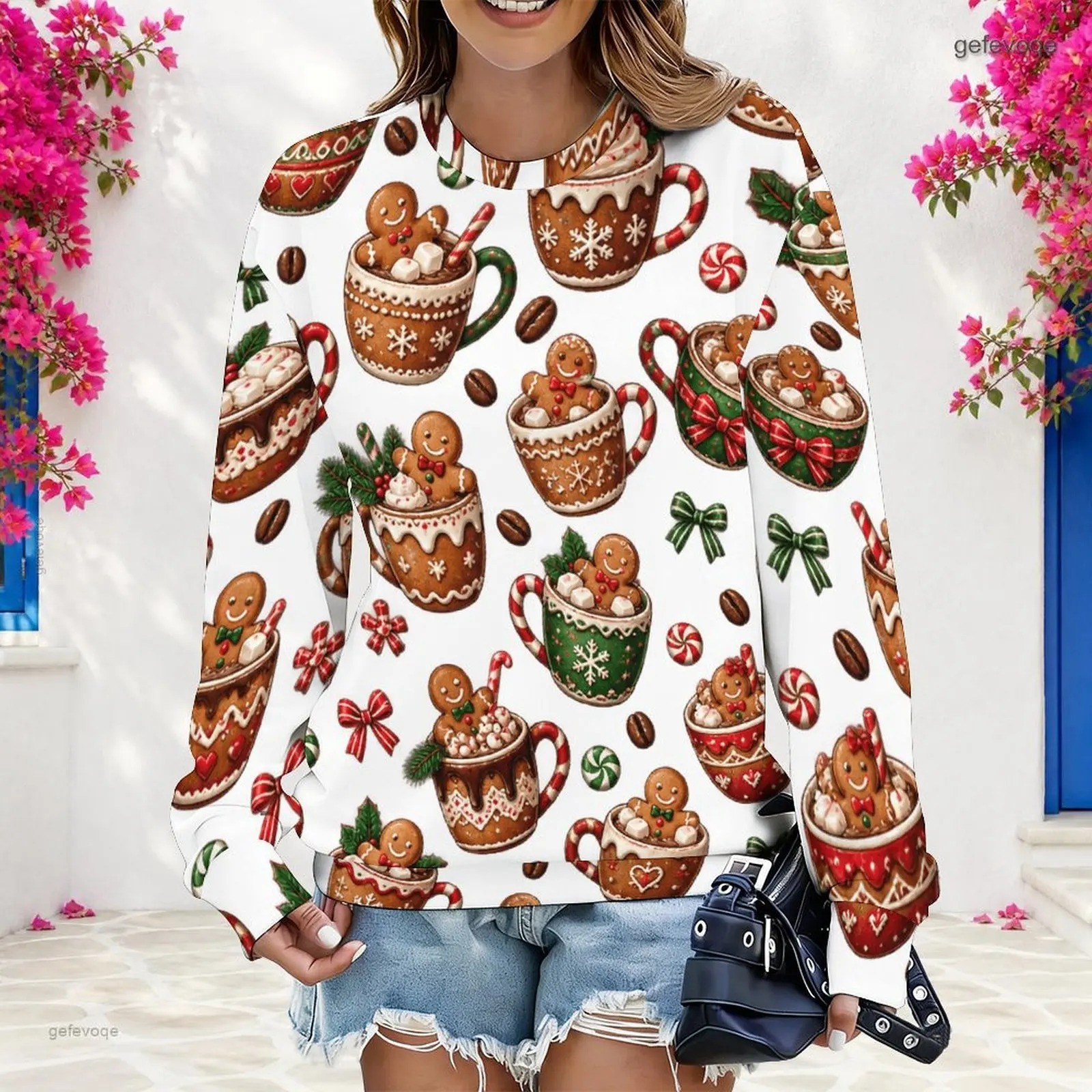Women White Christmas Red Panda Print Round Neck Long Sleeve Pullover Sweatshirt