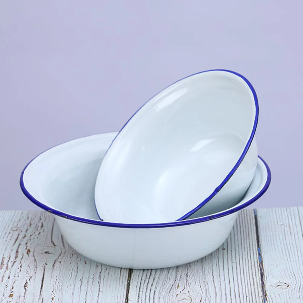 White Enamel Bowl Household Enamelware Salad Basin Cooking Utensils Retro Enameled Soup