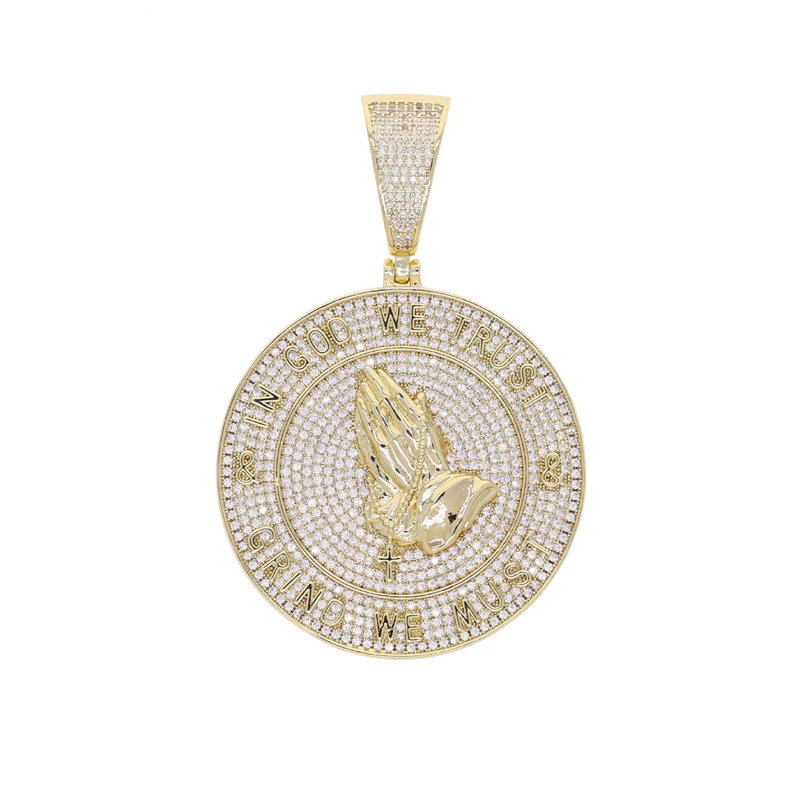 Iced Out Bling 5A Cubic Zirconia Geometric Round Shaped Praying Hand Men Grind We Must In God We Trust Hip Hop Pendant Necklace