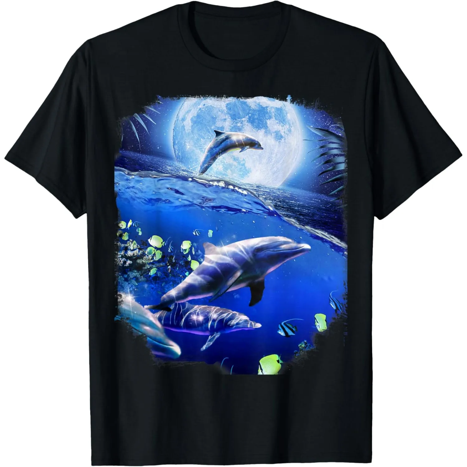 Dolphin Moon Graphic Men's Casual Round Neck T-Shirt Breathable Cotton Print Tee