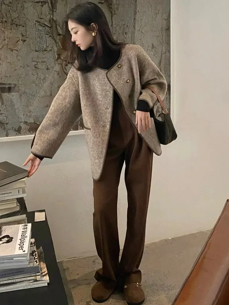 High Sense Vintage Round Neck Women's Woolen Short Suit Jacket 2024 Autumn and Winter Loose Casual Elegant Coat Thick Suit Top