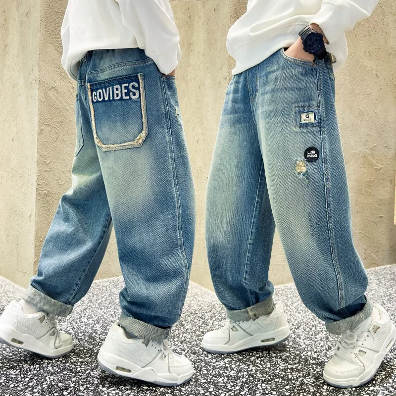 

Casual High Quality Denim Trousers Teen Boys New Arrivals 2024 Children's Jeans Spring Autumn Mid Waist Pants For Boys 5-14Years