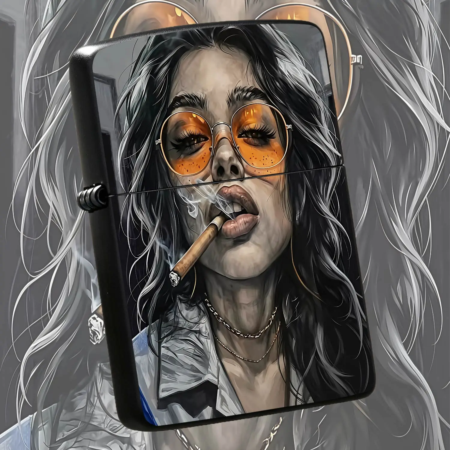 Trendy Retro Art Printed Lighter, Cool Stylish Figure Pattern With Orange Tint Glasses Design, Sleek Portable All-Scene Igniter, Ideal For Daily Commute Outdoor Trips, Unique Decorative Must-Have, Exquisite Gift Choice A Humorous And Intere